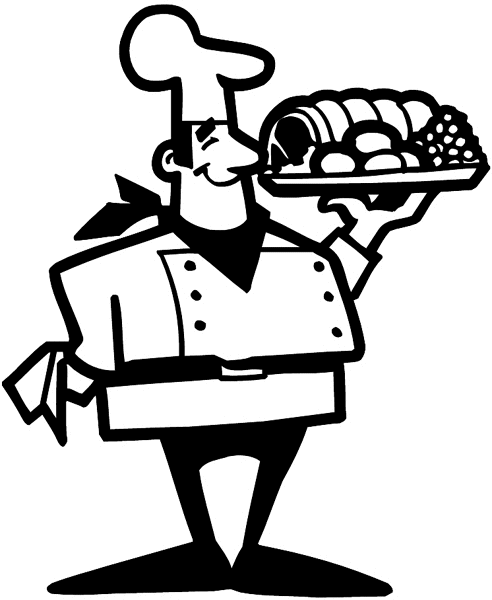 Chef carrying roast and vegetables vinyl sticker. Customize on line. Restaurants Bars Hotels 079-0338